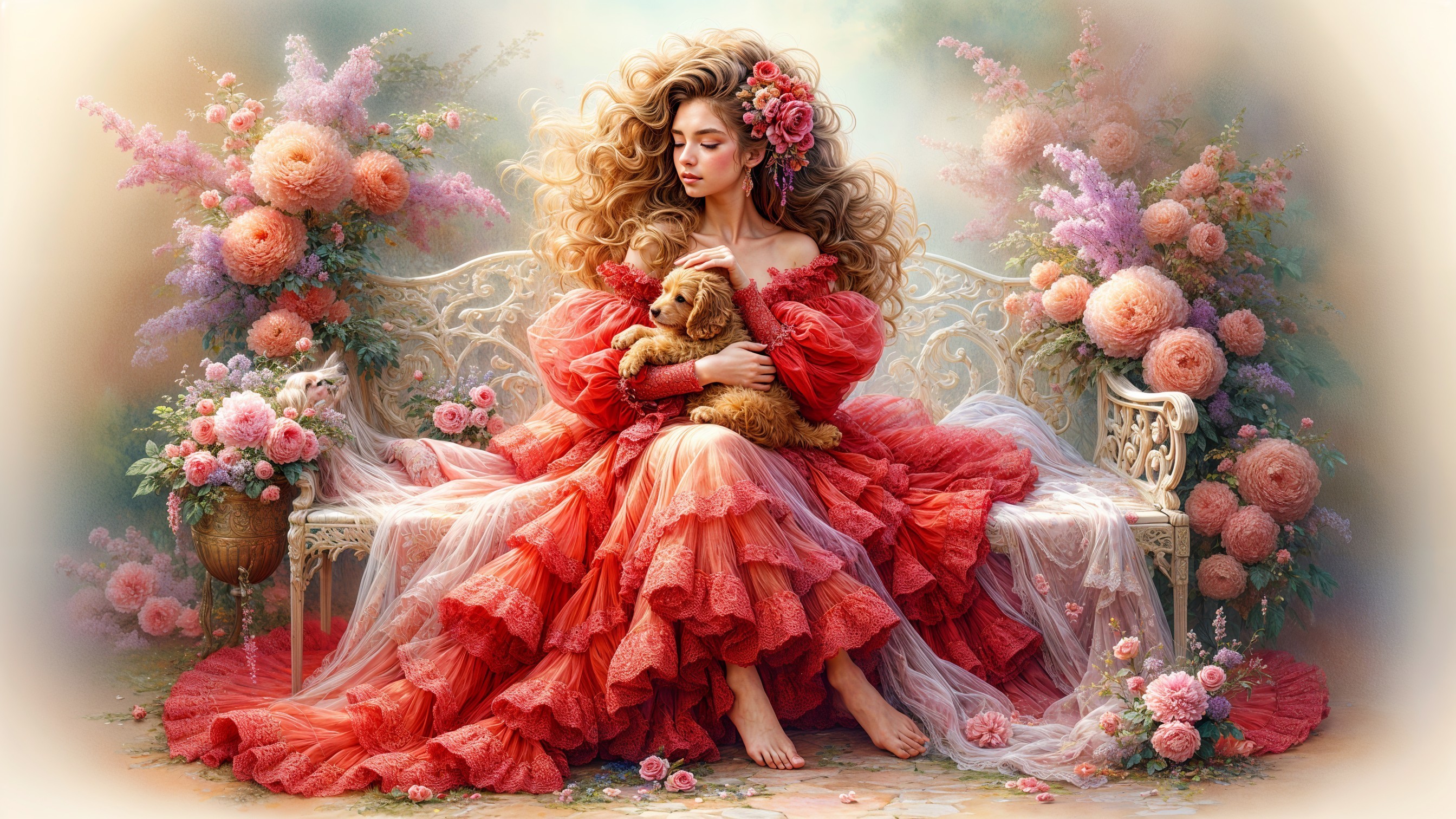 Young woman in red gown with kitten in garden setting