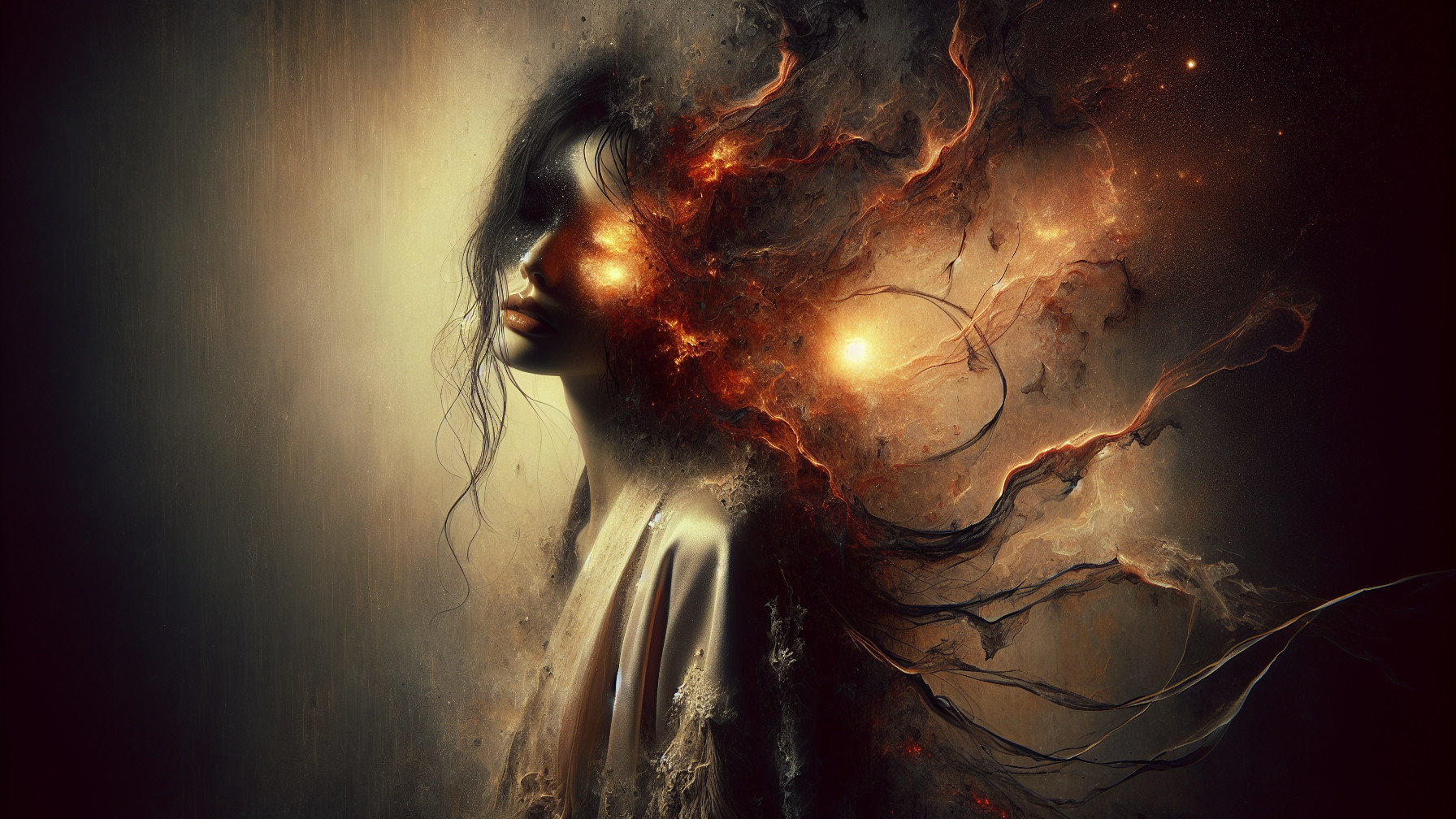 Surreal Portrait of Woman Merging with Cosmic Elements