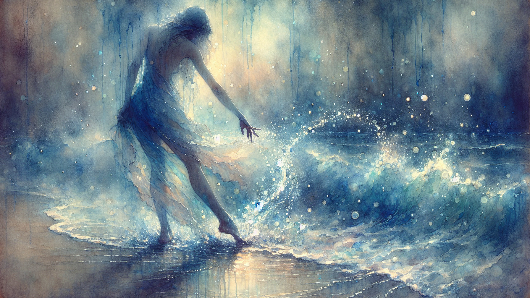 Ethereal Figure at Serene Shoreline with Soft Waves