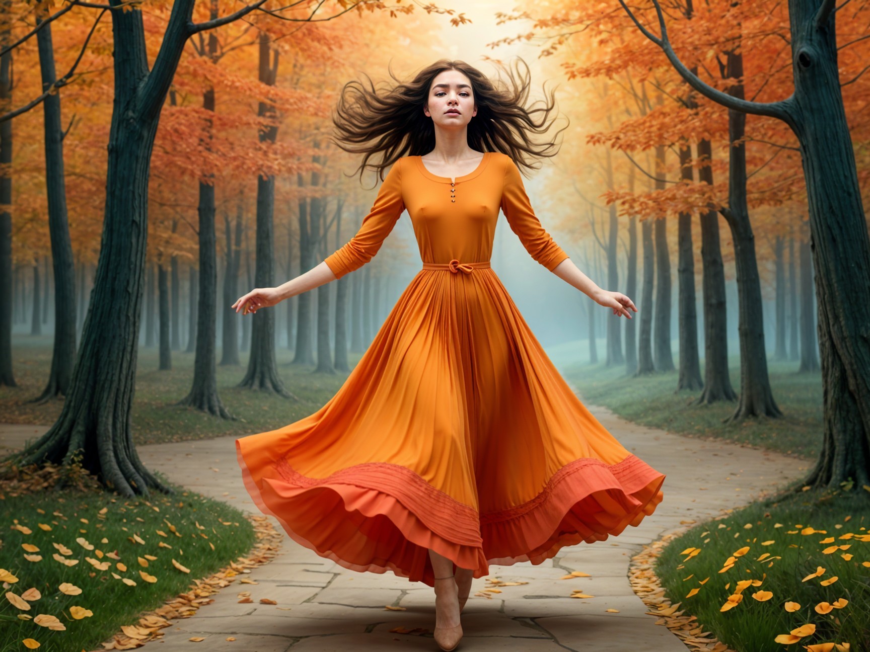 Autumn Forest Scene with Young Woman in Orange Dress