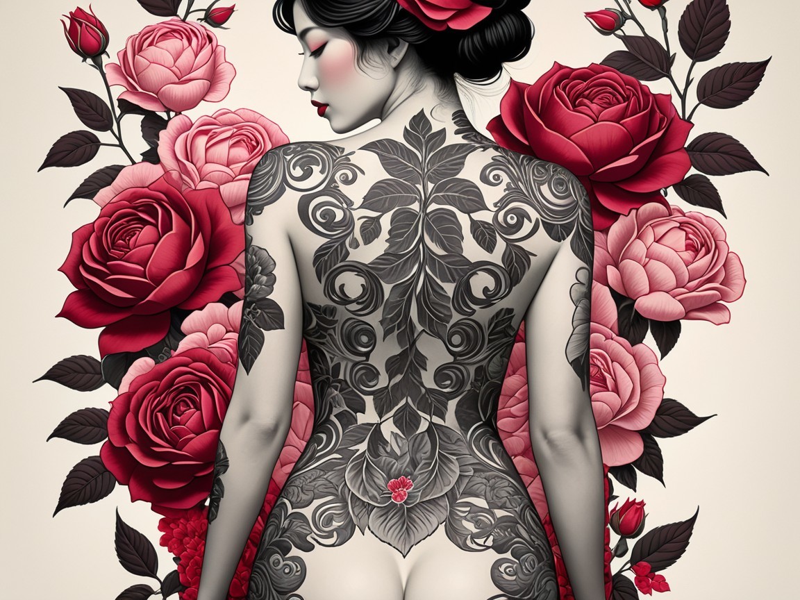 Woman with Tattoos Surrounded by Red Roses