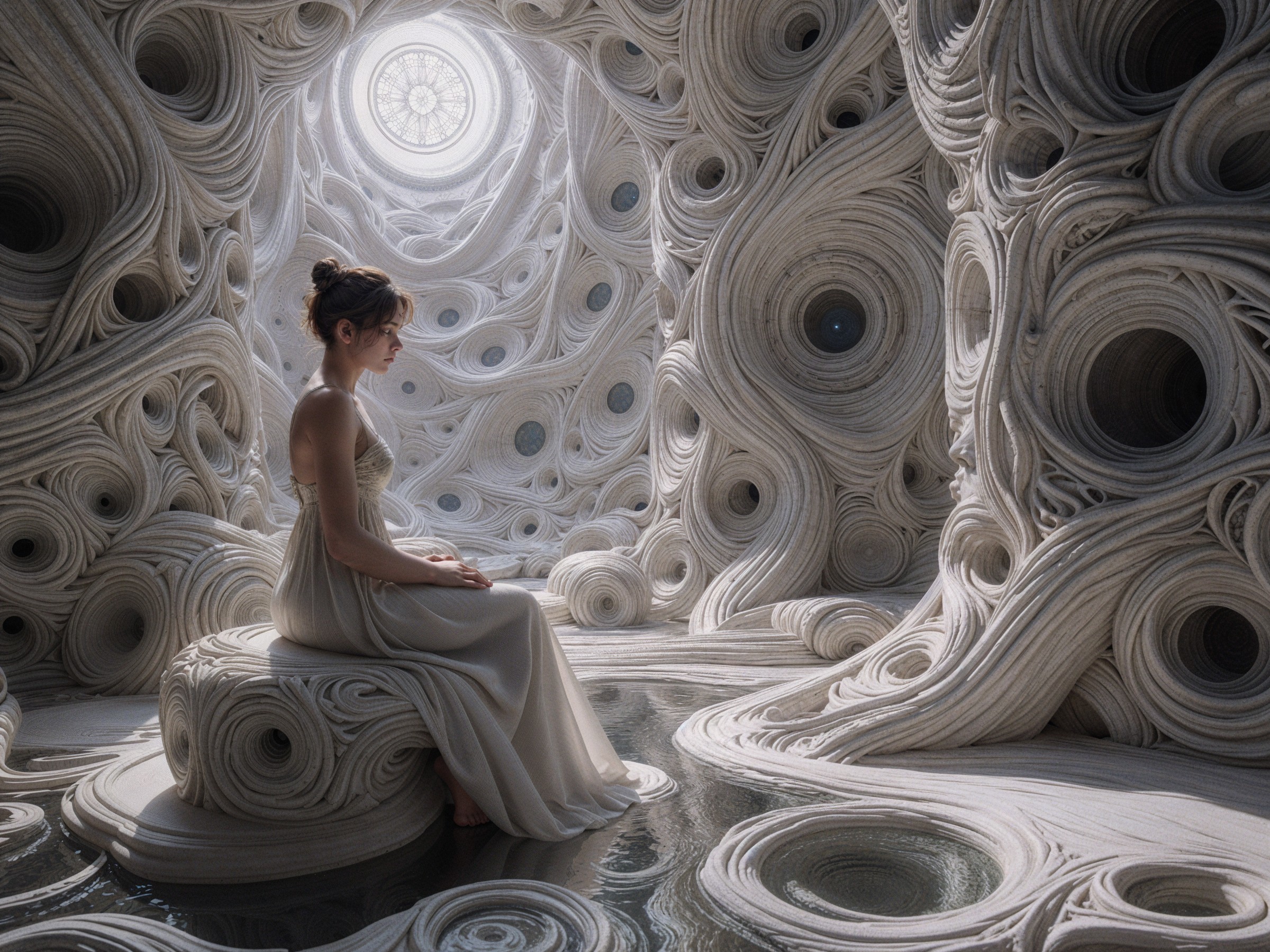 Serene Woman in Gown Amidst Dreamlike Setting