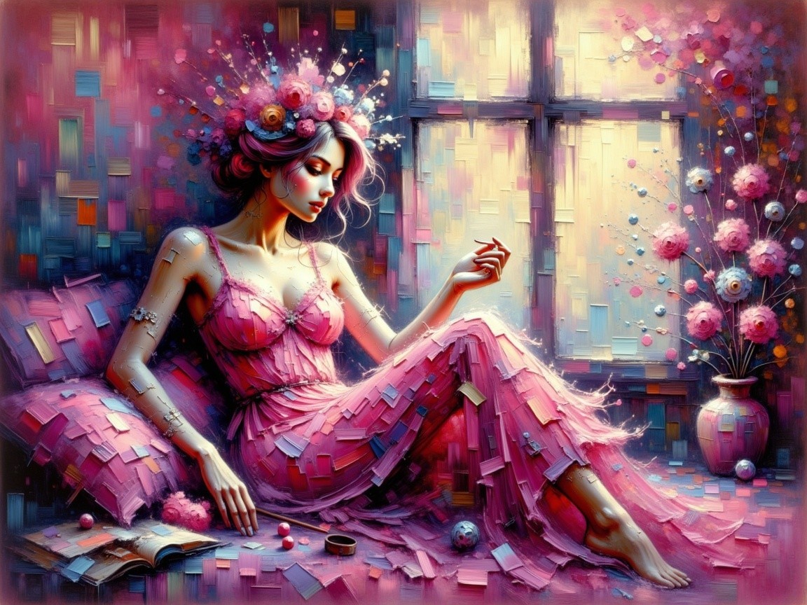 Serene Woman in Floral Pink Garments by Window