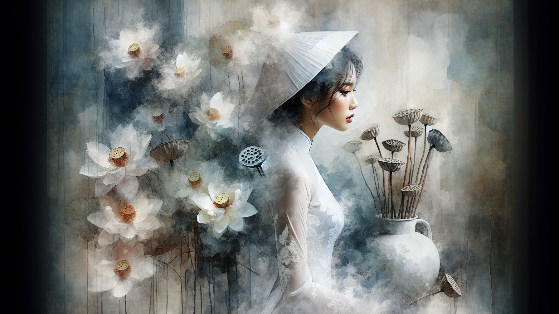 Serene Woman in Traditional Attire with Lotus Flowers