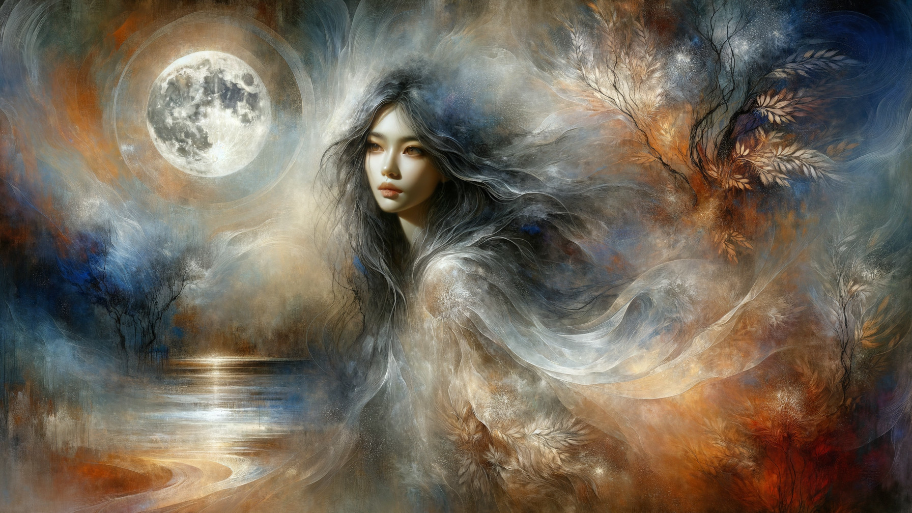 Mysterious Woman in Dreamlike Landscape with Moonlight