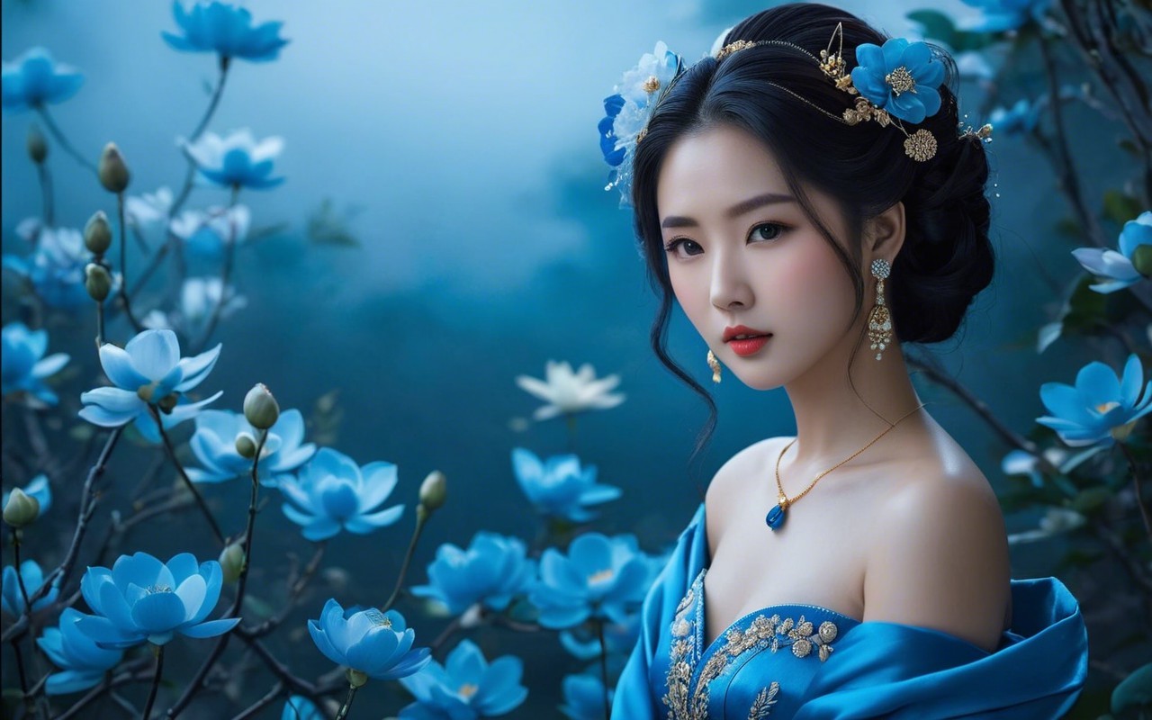 Elegant figure in blue gown with floral backdrop