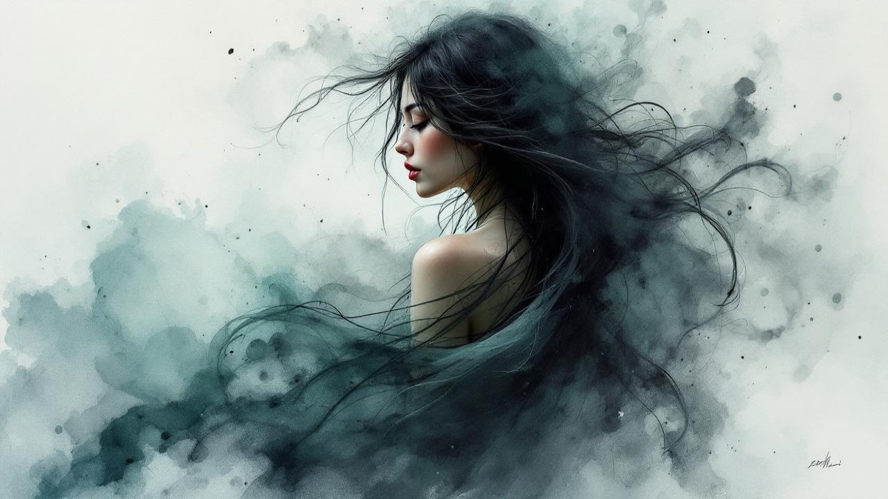 Serene Woman with Black Hair and Ethereal Background