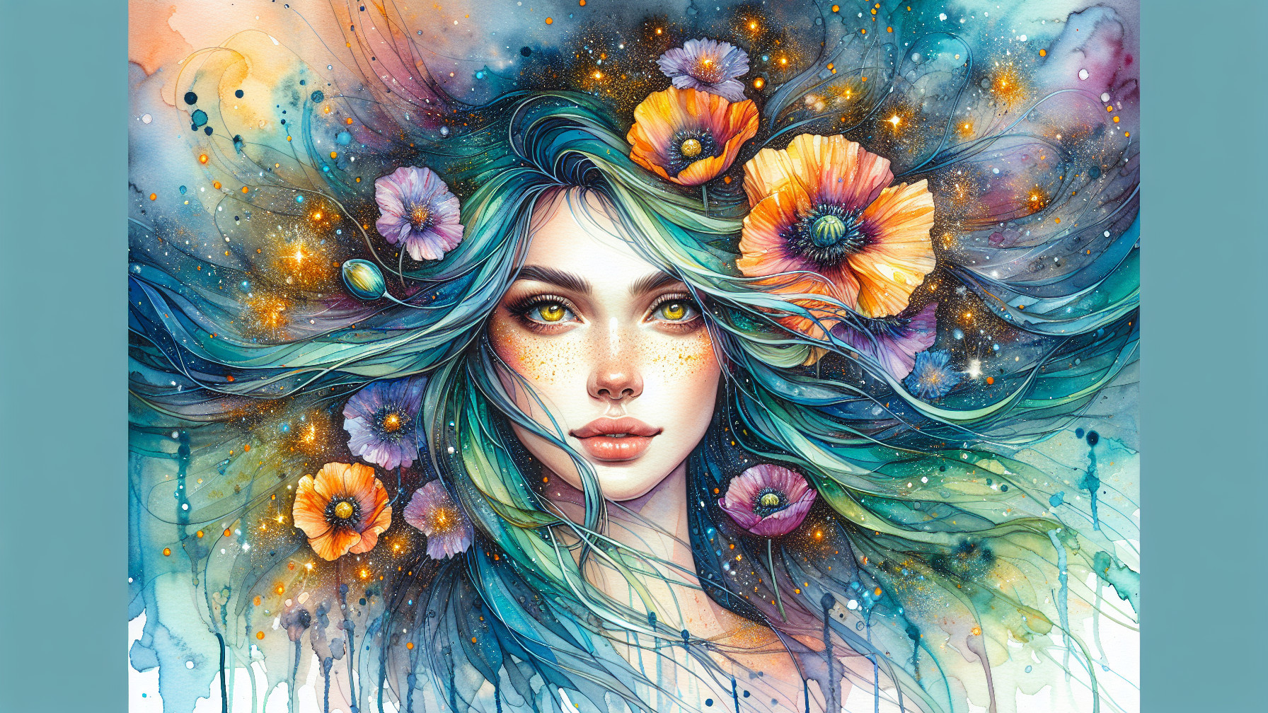 Ethereal Portrait of a Woman with Teal Hair and Flowers