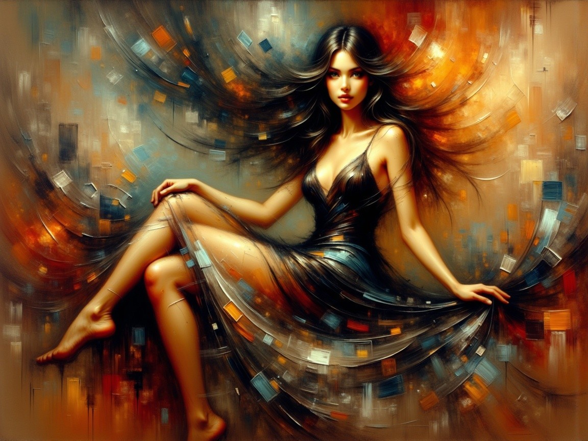 Elegant Woman in Shimmering Black Dress with Abstract Background
