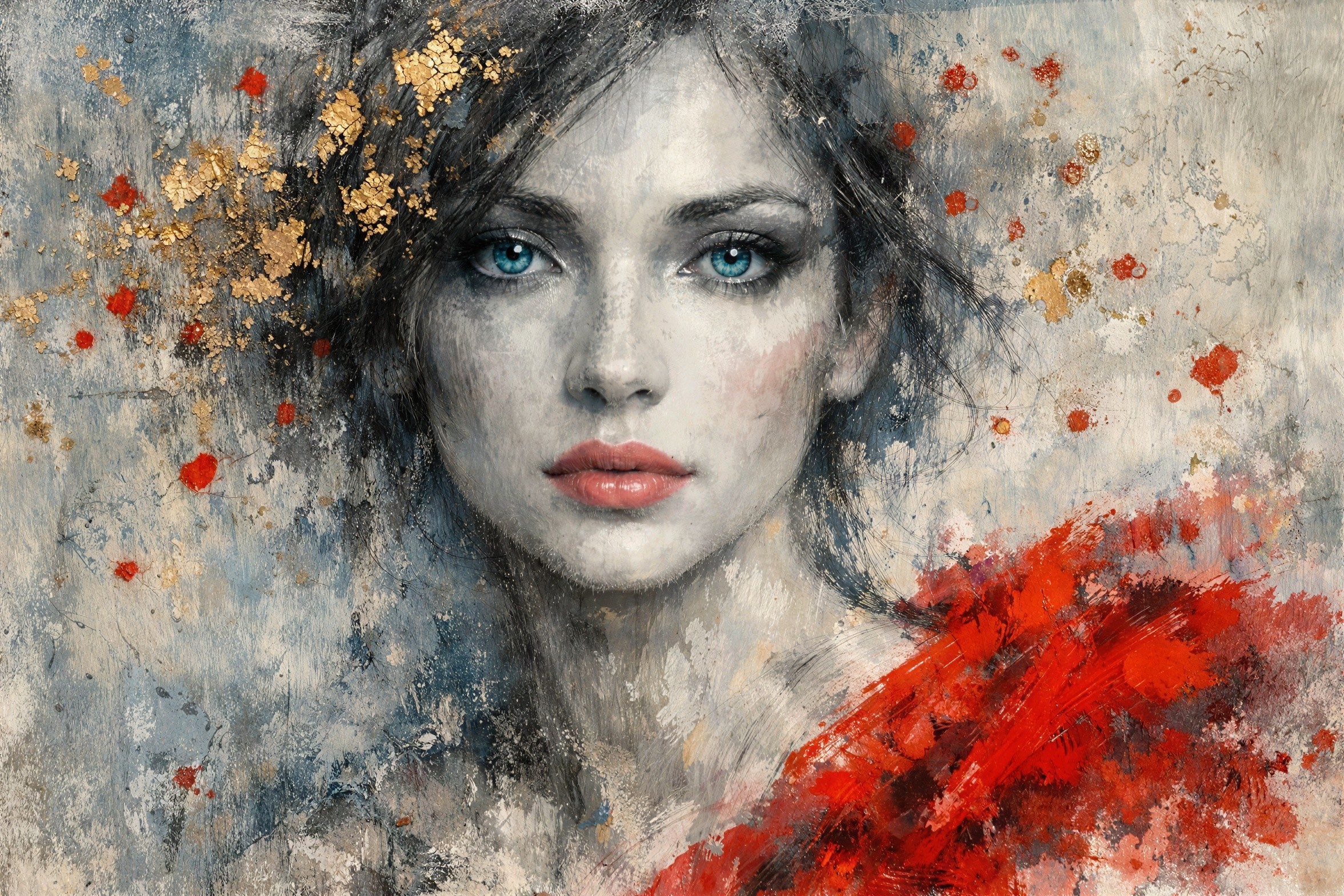 Oil Painting of Woman with Red Lips and Blue Eyes