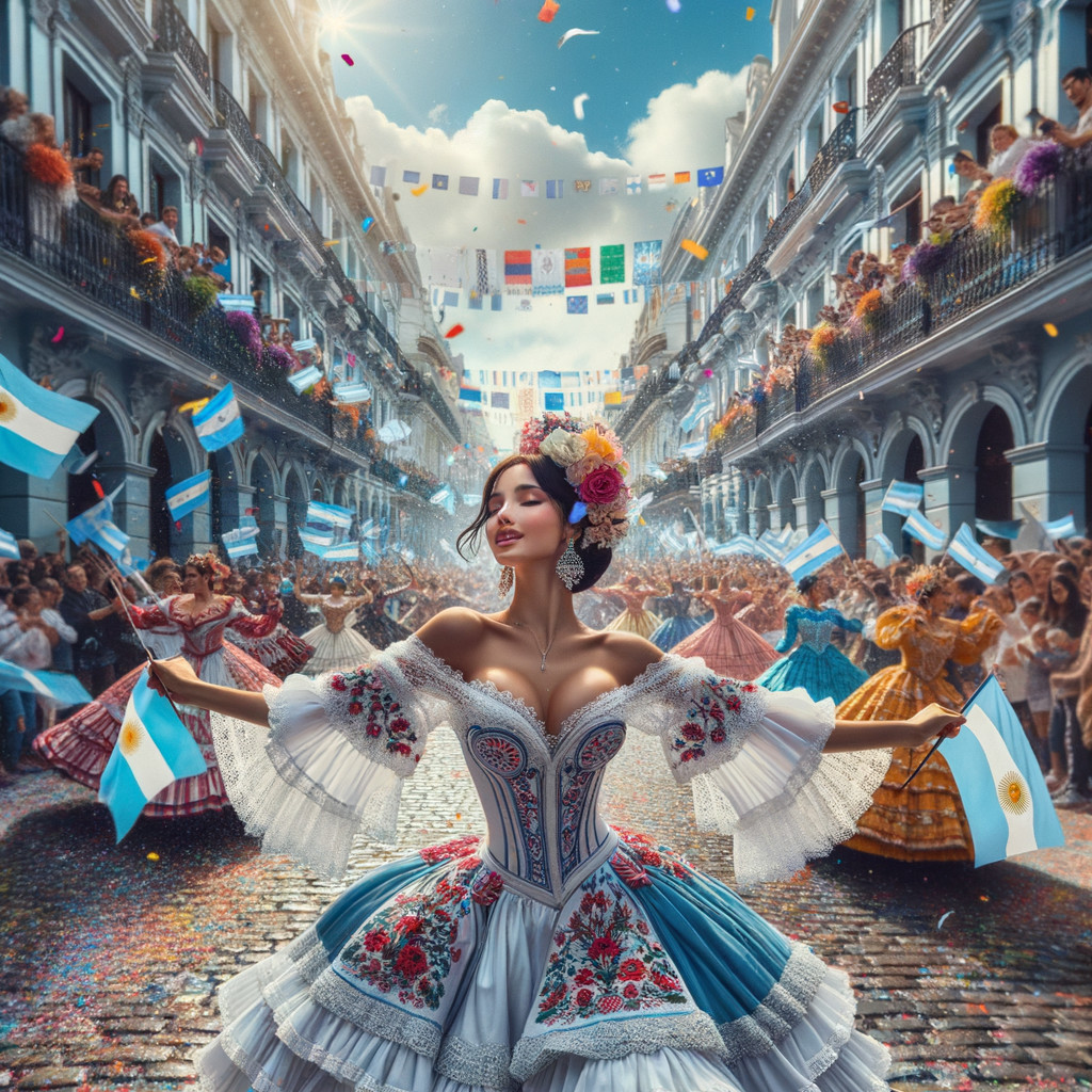 Vibrant Street Celebration with Traditional Dress and Flags