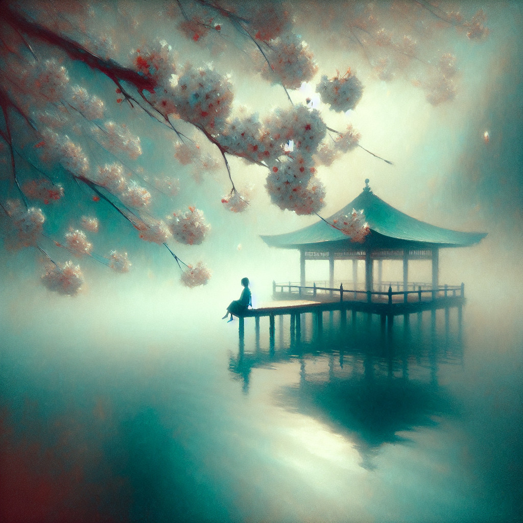 Traditional Pagoda Over Calm Waters with Cherry Blossoms