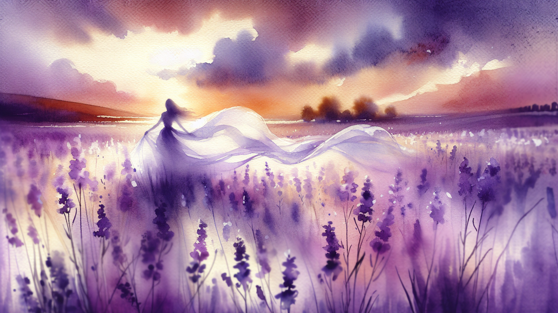 Sunset Landscape with Lavender Fields and Dancer