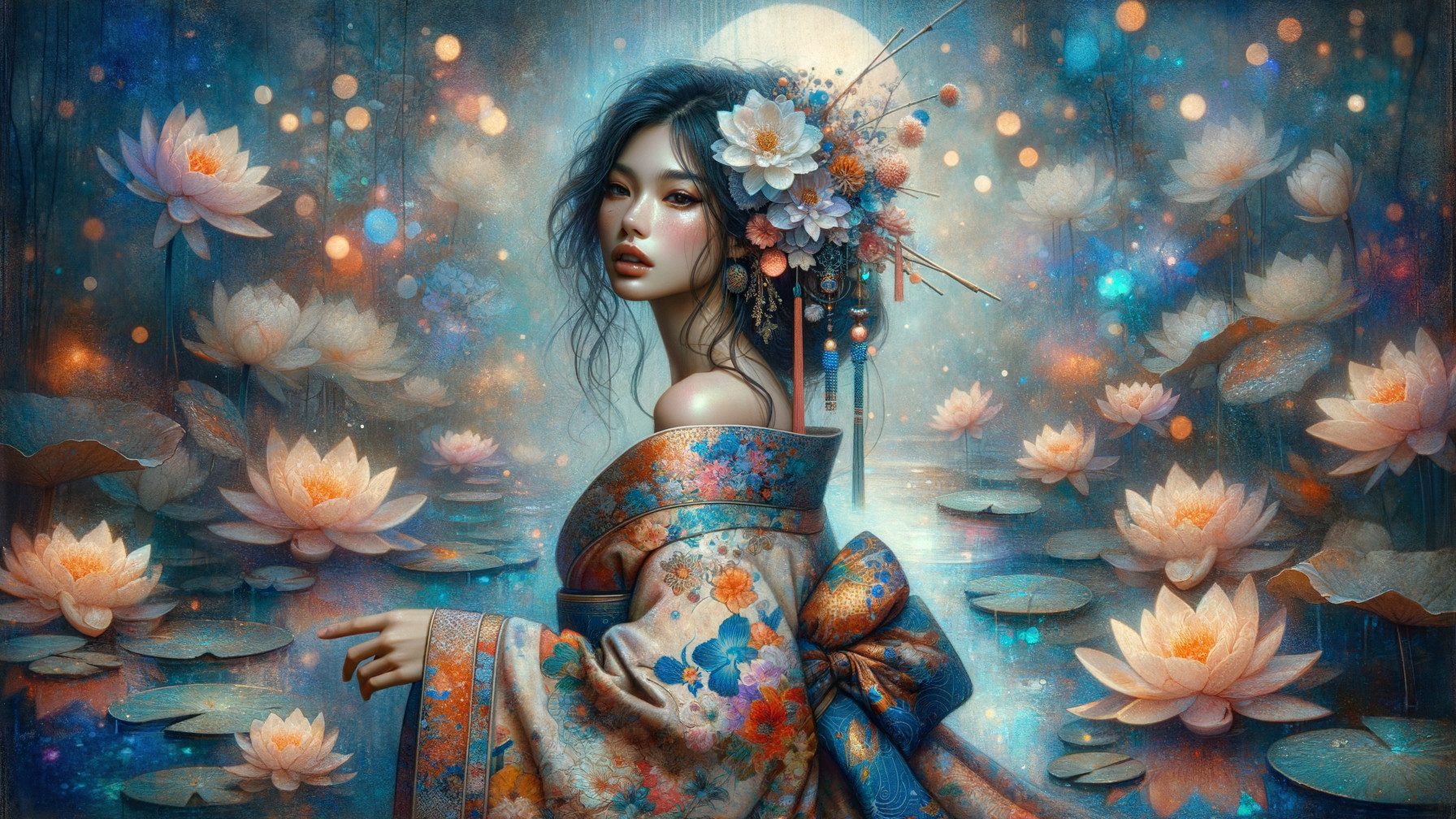 Young Woman in Kimono by Serene Lotus Lake