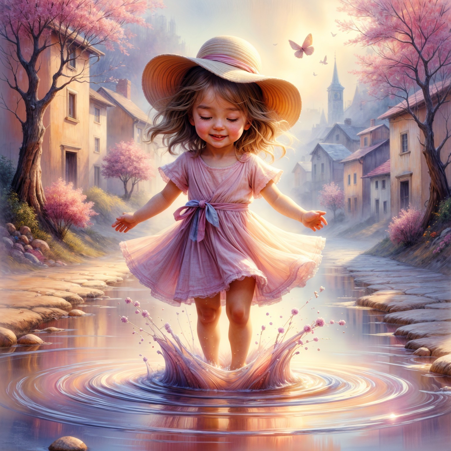 Joyful Girl in Pink Dress Splashes in Village Puddle