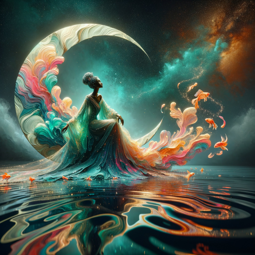 Whimsical Scene of a Figure on a Crescent Moon