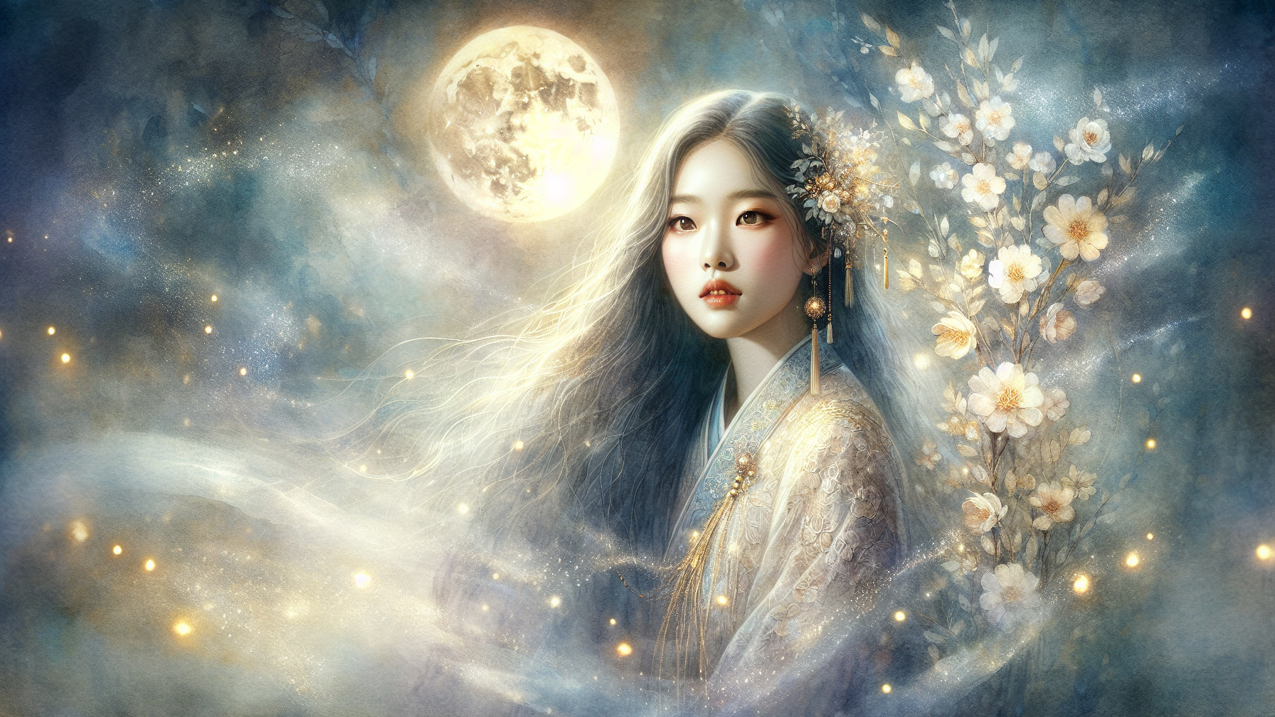 Serene Young Woman in Traditional Outfit with Moonlit Scene