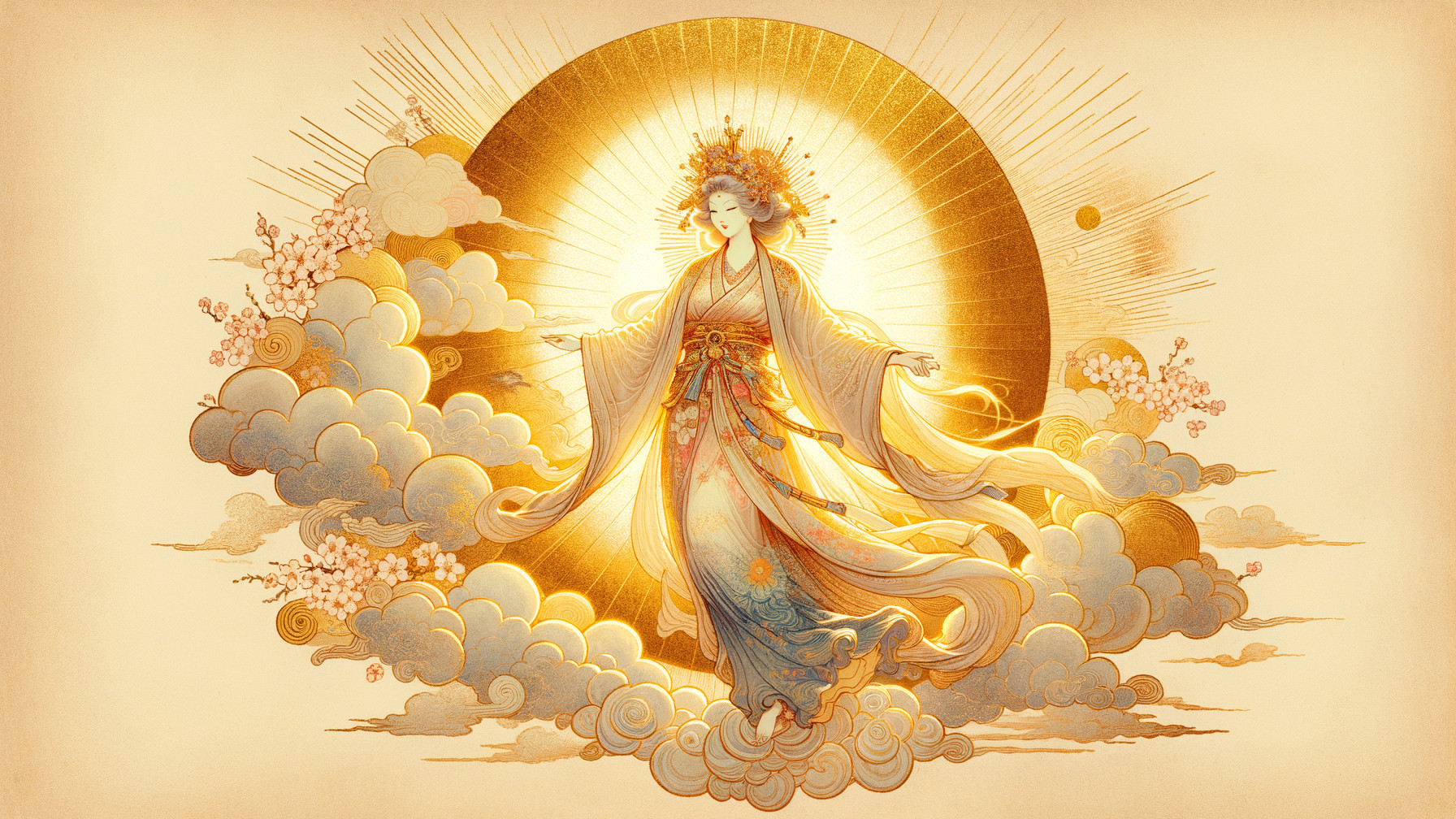 Celestial Figure in Elegant Robes Amidst Clouds