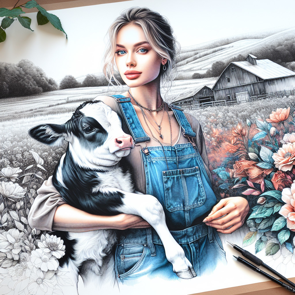 Young woman with calf in rustic barn setting