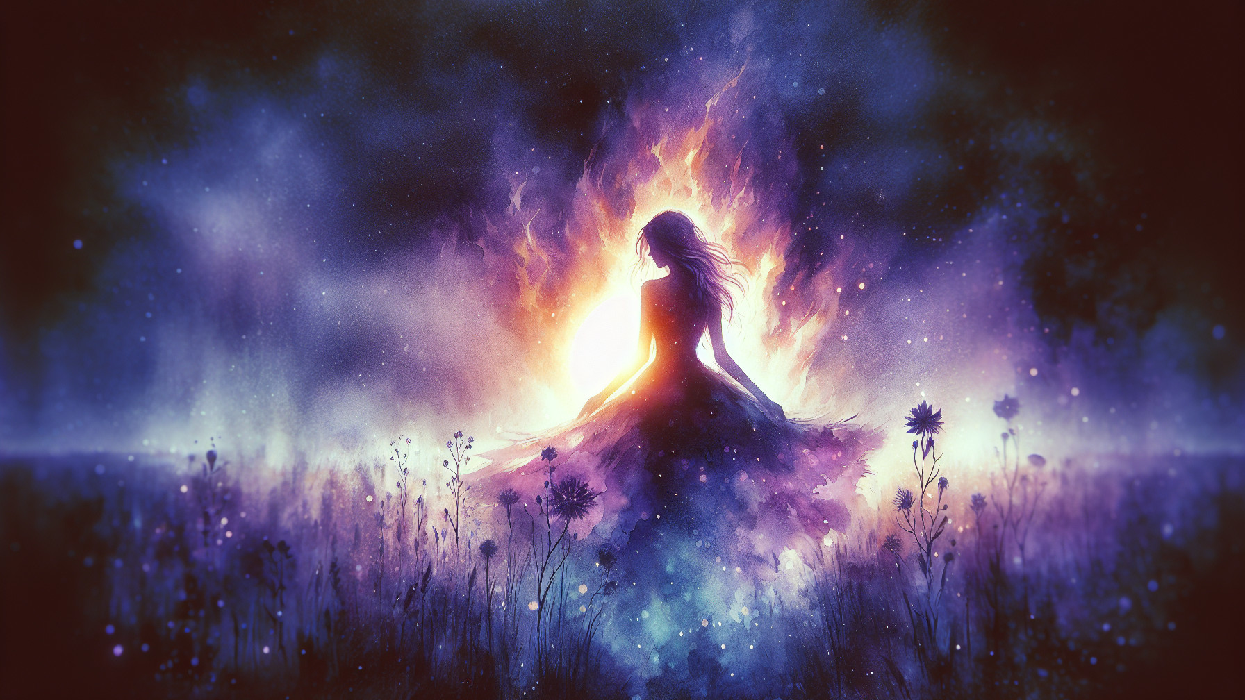 Silhouette of a Woman Amidst Ethereal Flames and Flowers