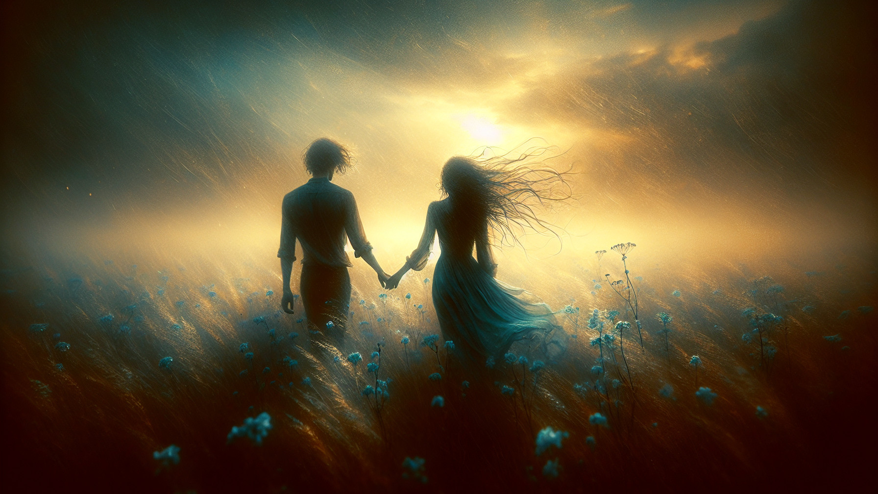 Couple Walking in Flower Field at Sunset