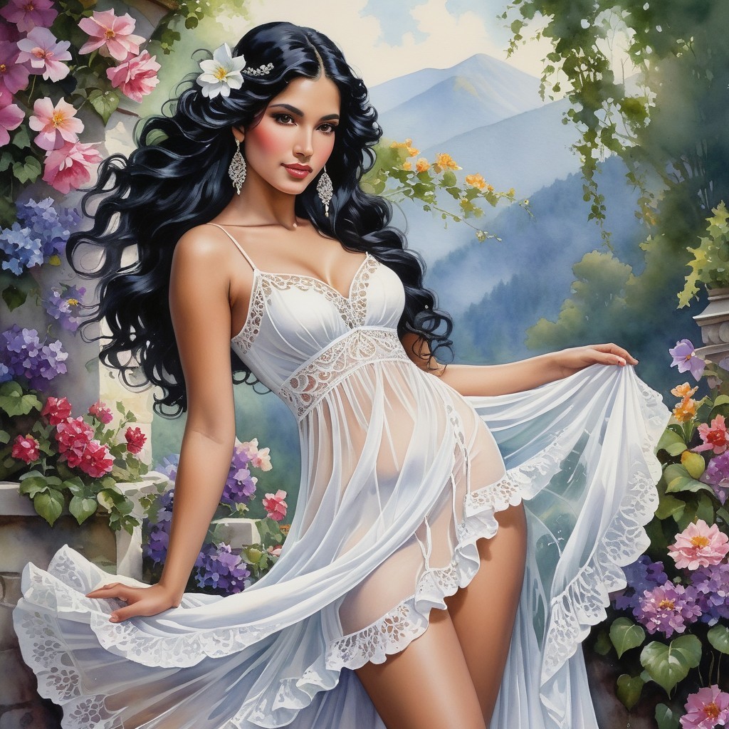 Elegant Woman in White Dress Surrounded by Flowers