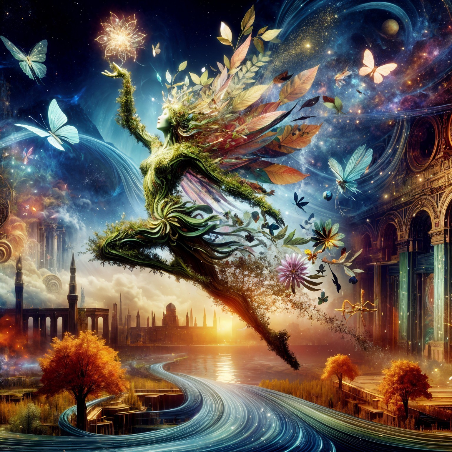 Mystical Figure in a Vibrant Cosmic Fantasy Scene