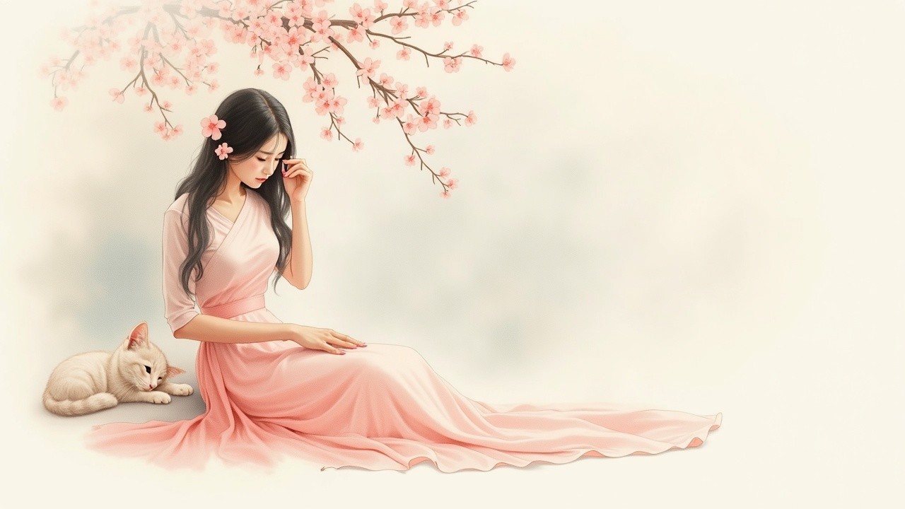 Young Woman in Pink Dress Surrounded by Cherry Blossoms