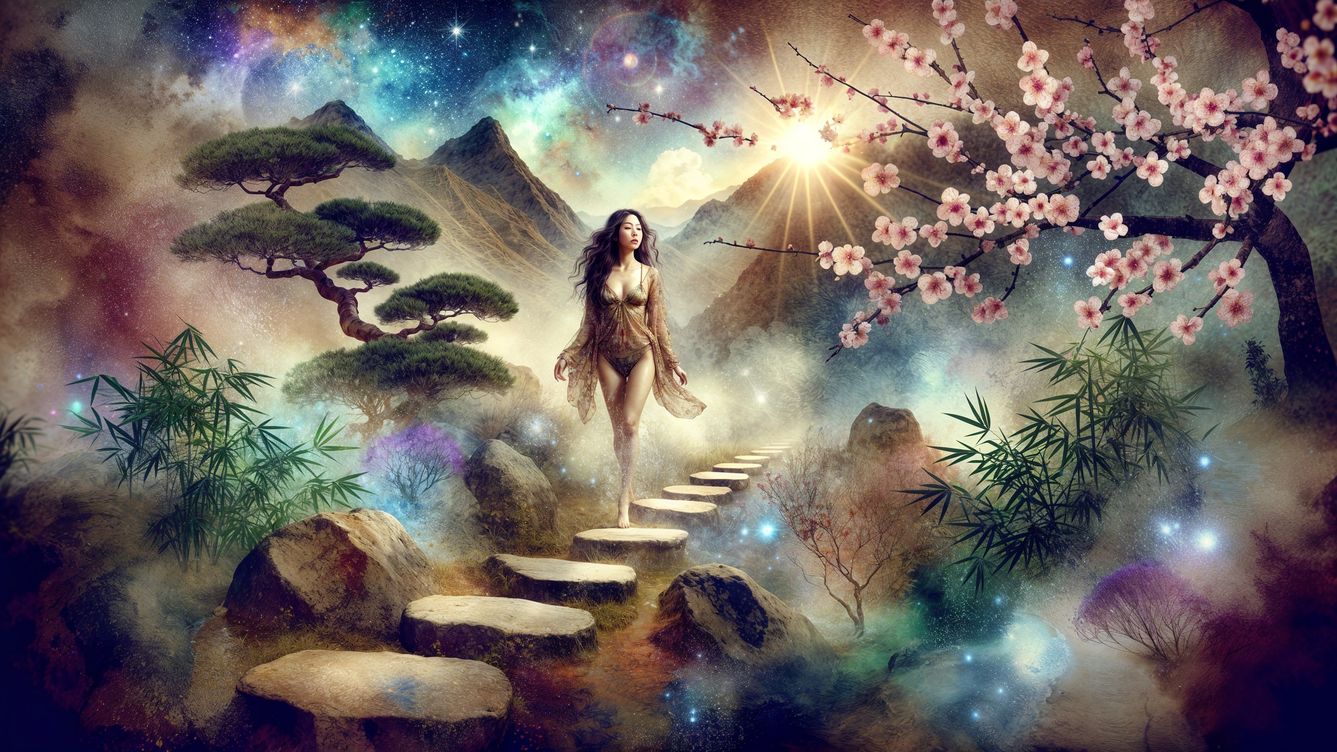 Serene Landscape with Woman on Stone Steps and Nature