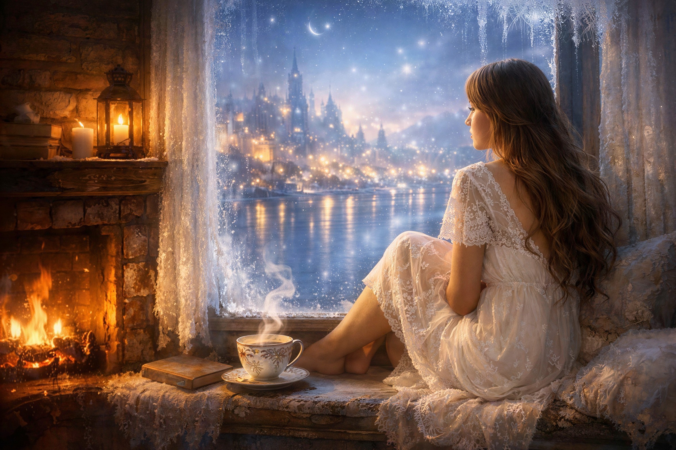 Cozy Room with Woman, Snowy Night and City View