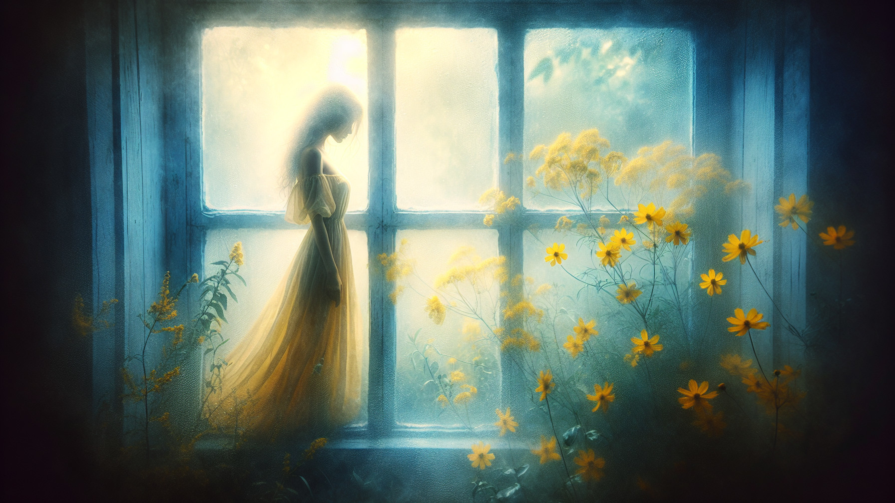 Silhouette of a Woman by a Window with Golden Flowers
