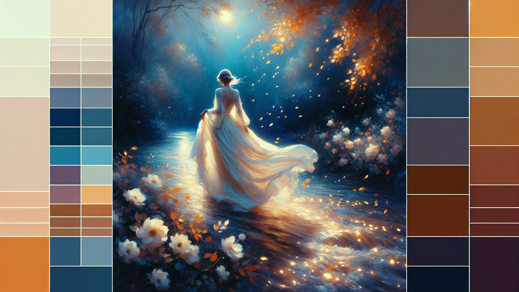 Woman in White Dress by Shimmering Waterway