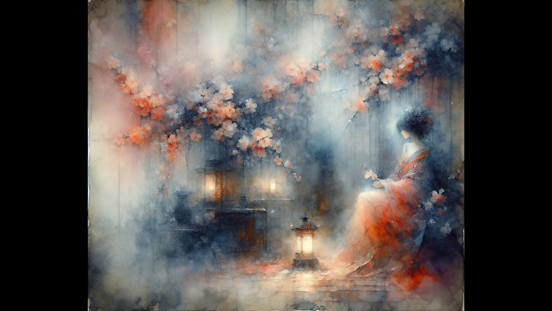 Ethereal Scene of Woman in Red Kimono with Lanterns