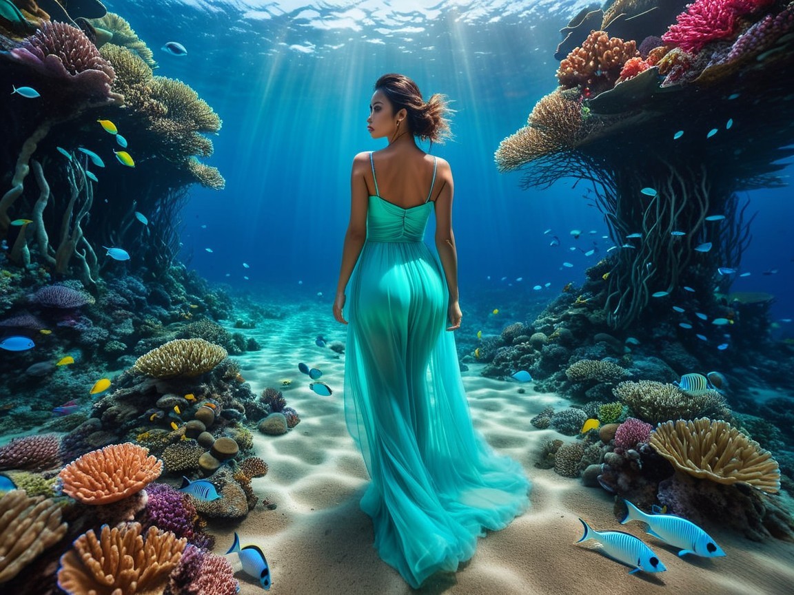 Underwater Scene with Woman in Turquoise Gown
