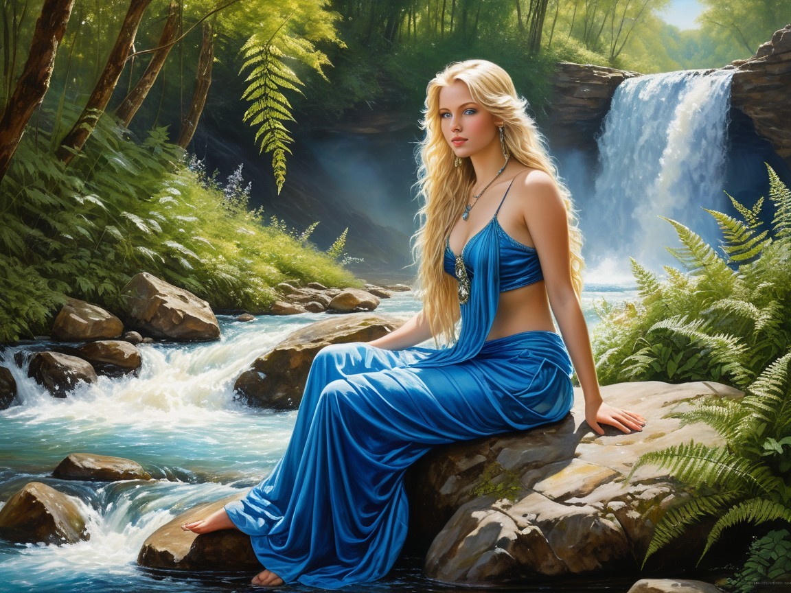 Serene Woman by Clear River and Majestic Waterfall