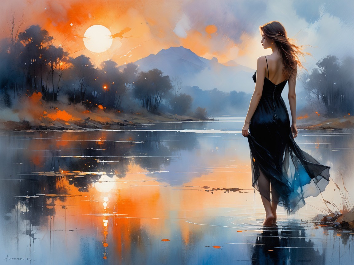 Serene Dusk Scene with Woman in Black Dress