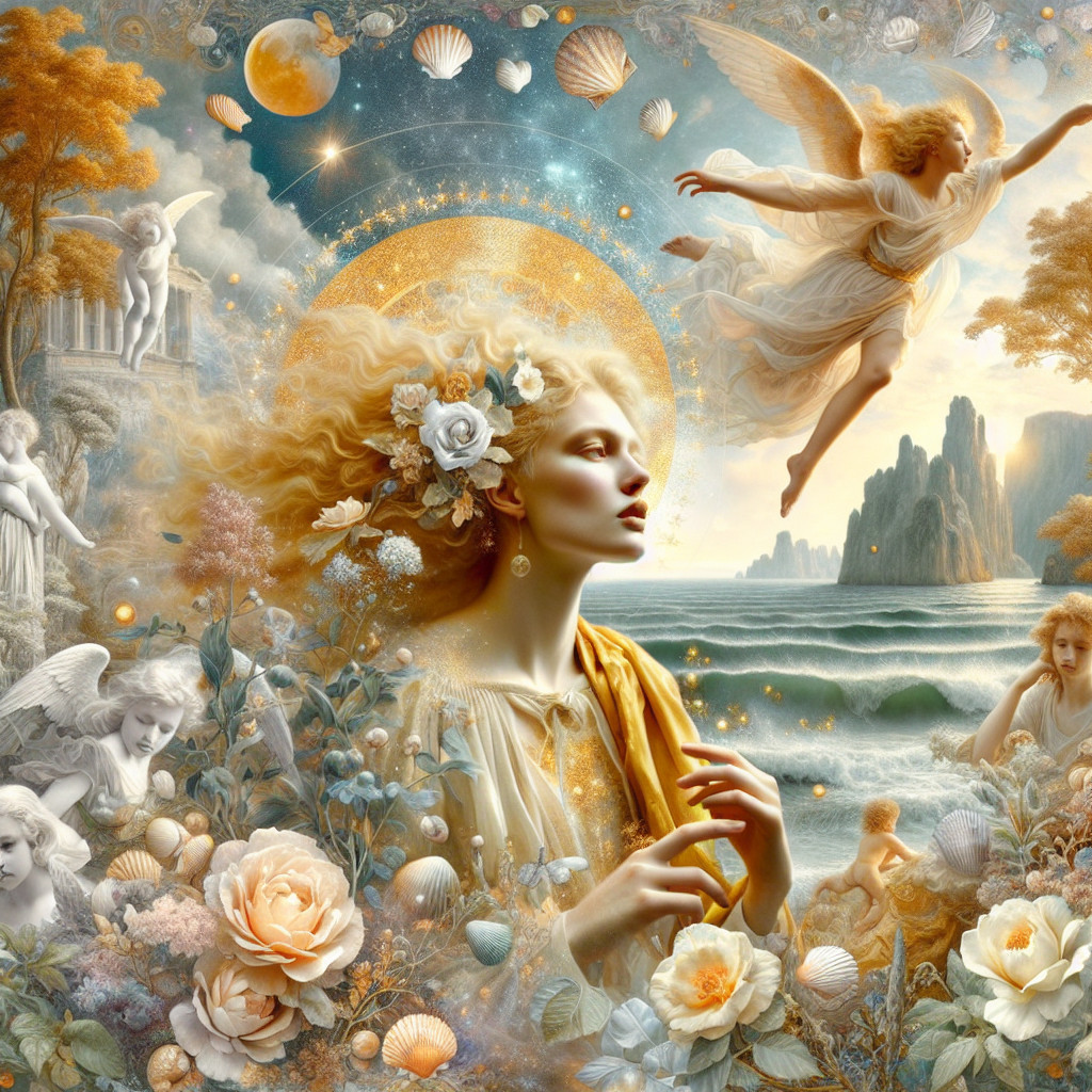 Ethereal Artwork of Woman, Angels, and Dreamlike Landscape