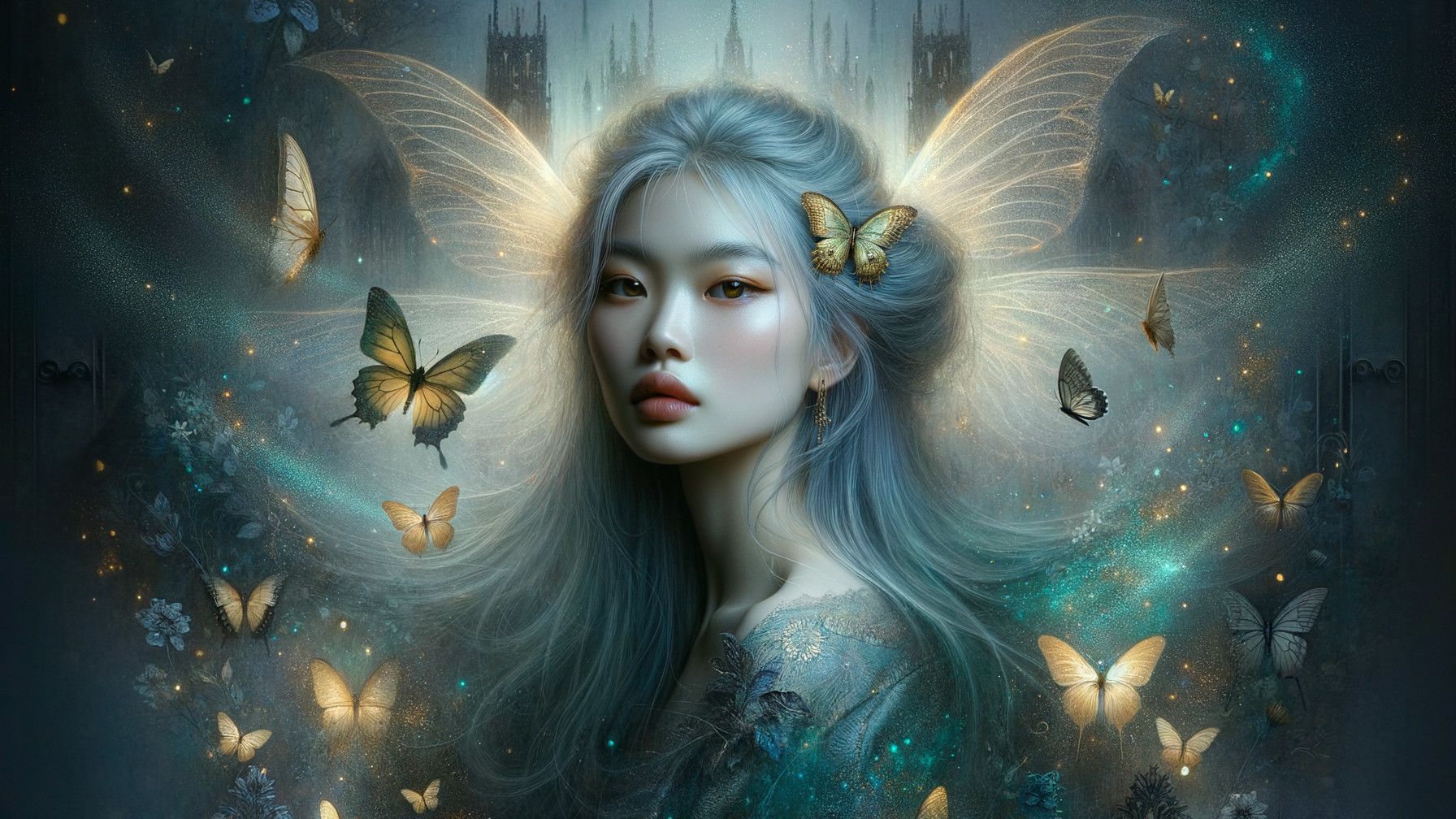 Ethereal Figure Surrounded by Shimmering Butterflies