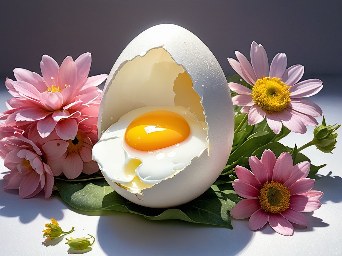 Cracked Eggshell with Yellow Yolk and Flowers