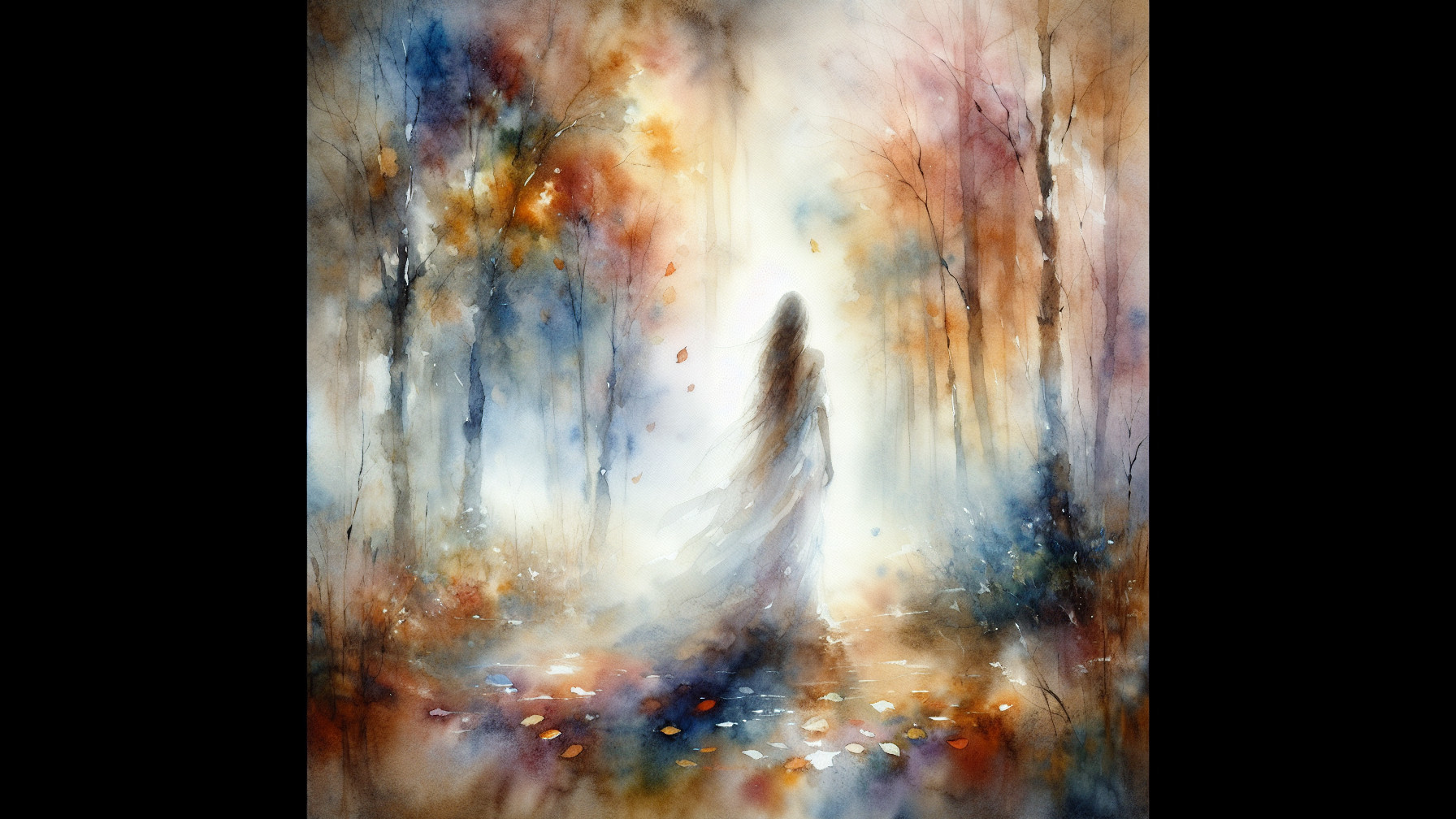 Ethereal Figure in a Dreamy Autumn Forest Scene