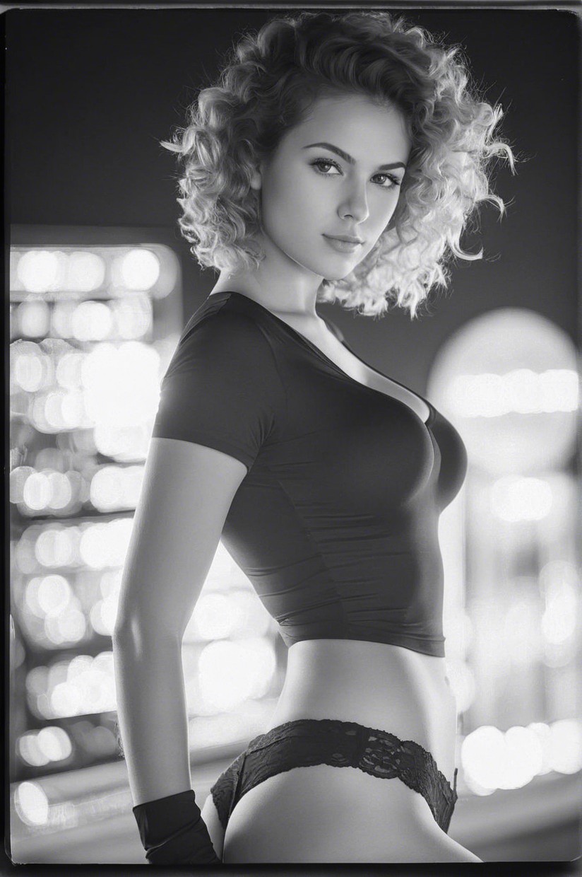 Model with Curly Hair in Black Top and Lace Lingerie