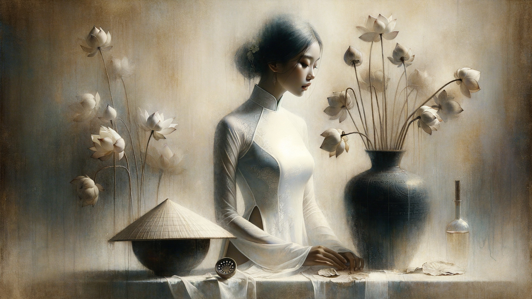 Young Woman in White Ao Dai Surrounded by Lotus Flowers