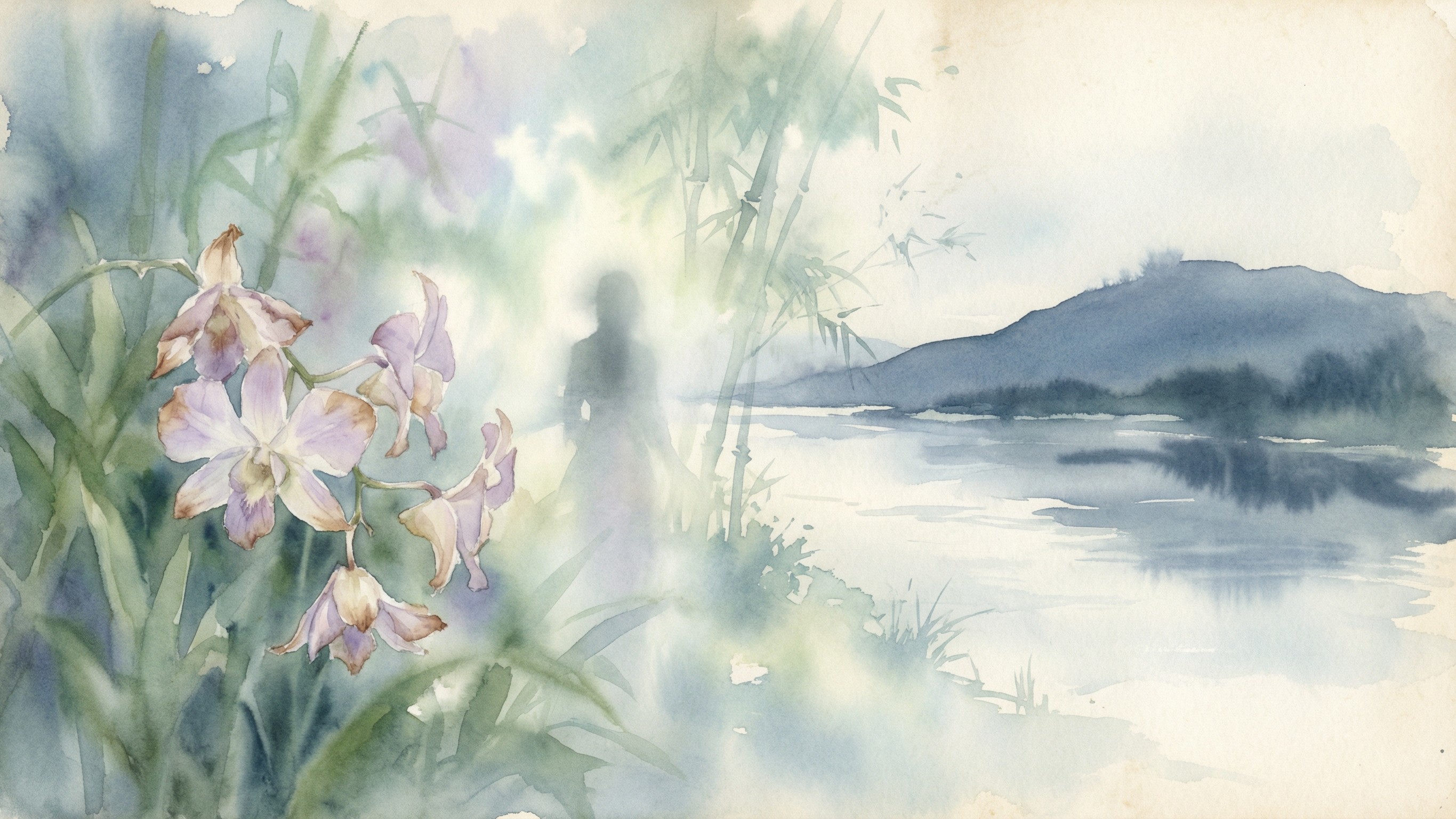 Watercolor Landscape with Orchids and Human Silhouette