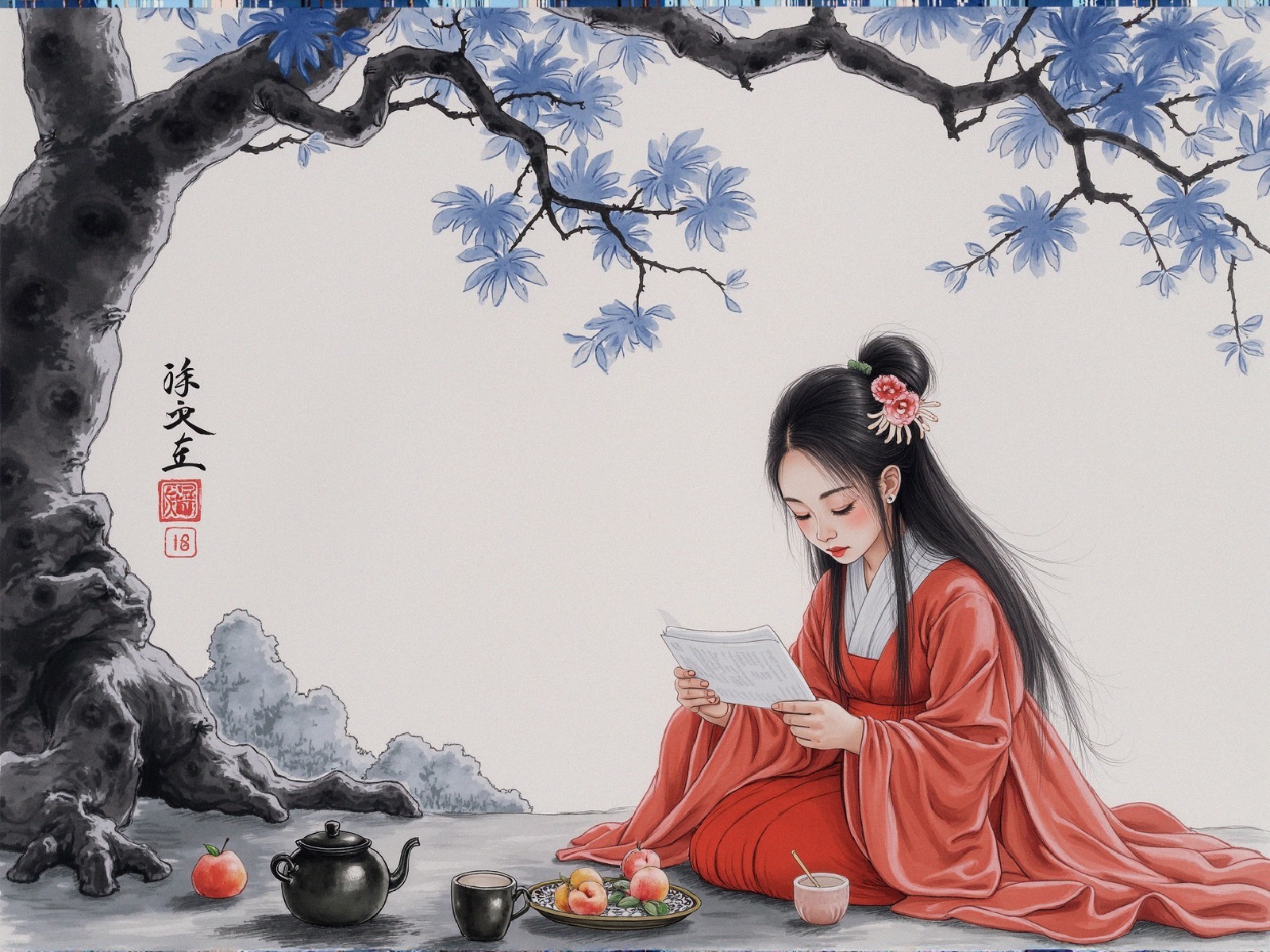 Serene Scene of a Woman Reading Under a Tree
