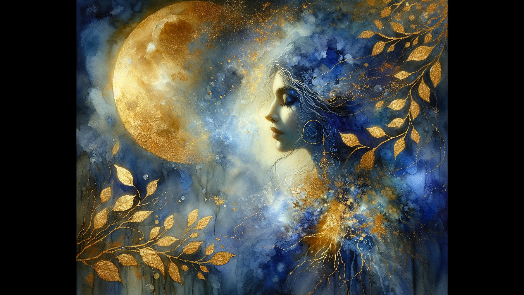 A woman's face entwined with nature and moonlight