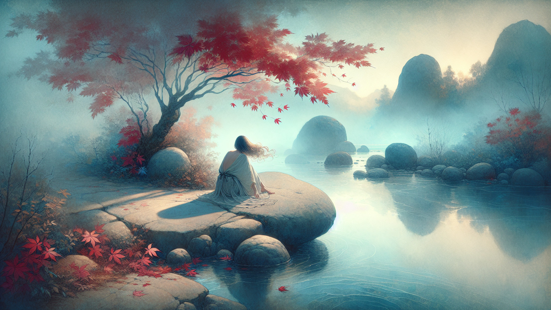 Tranquil Landscape with Autumn Leaves and Misty River