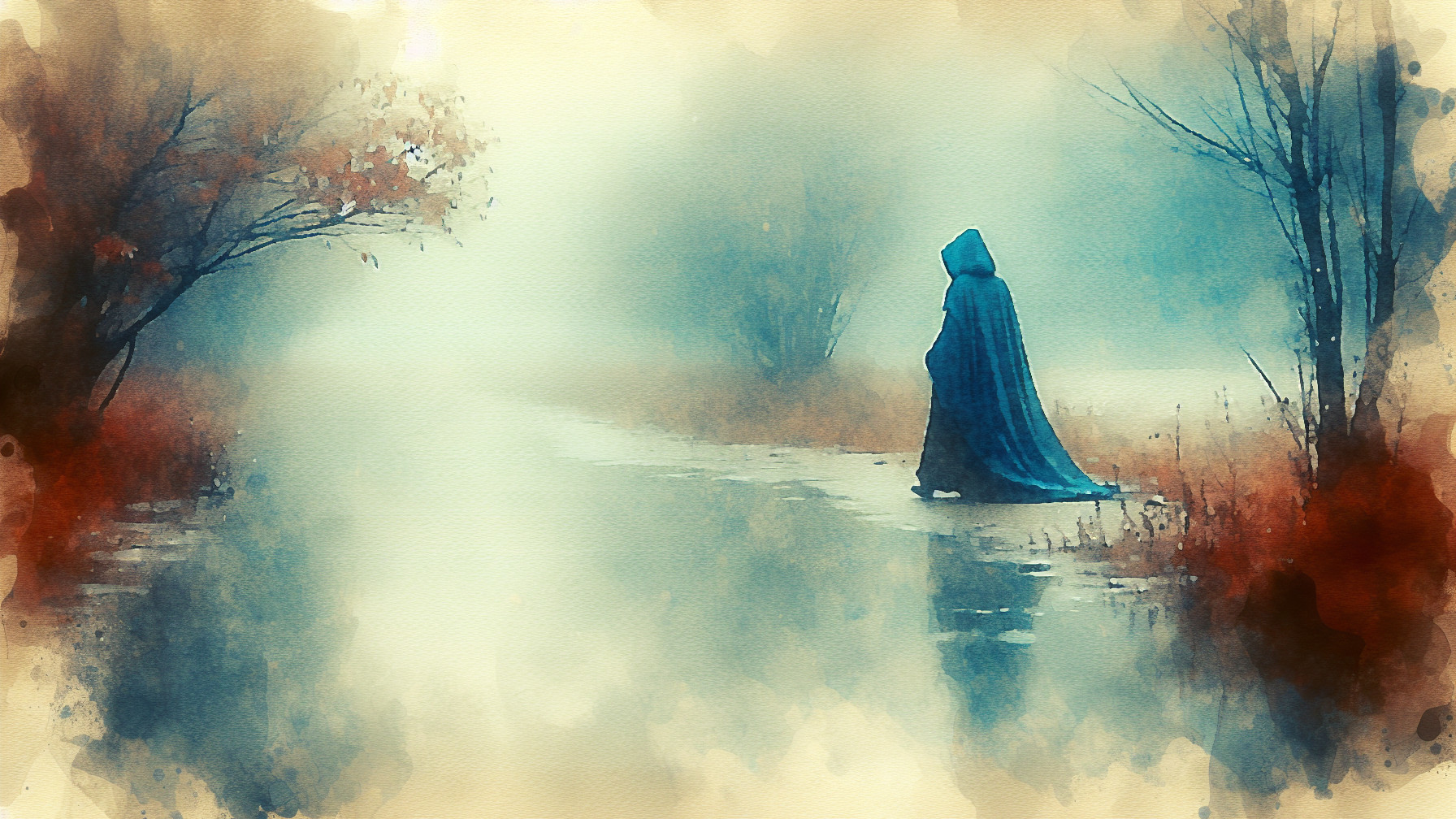 Solitary Figure in Blue Cloak on Misty Path