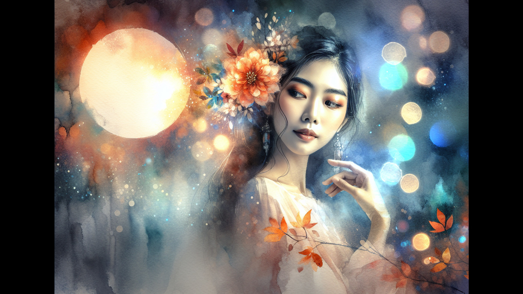 Watercolor Illustration of a Woman with Flowers and Leaves