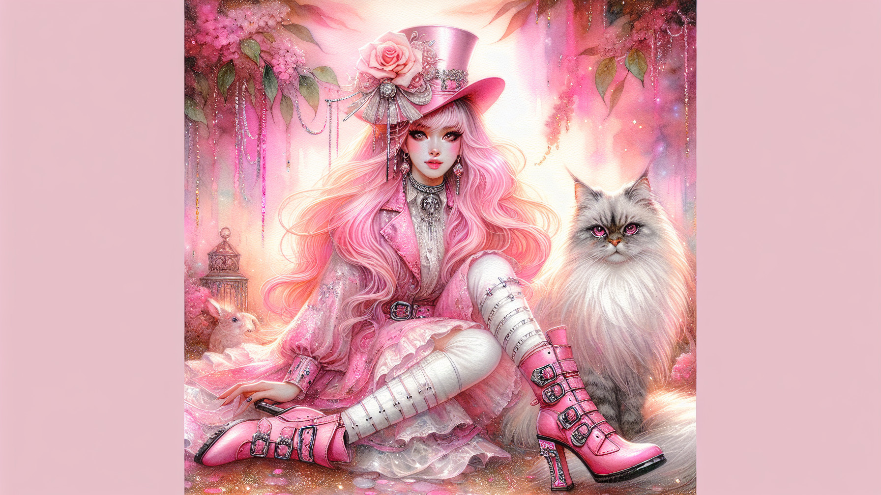 Glamorous Girl in Pastel Floral Fantasy Scene