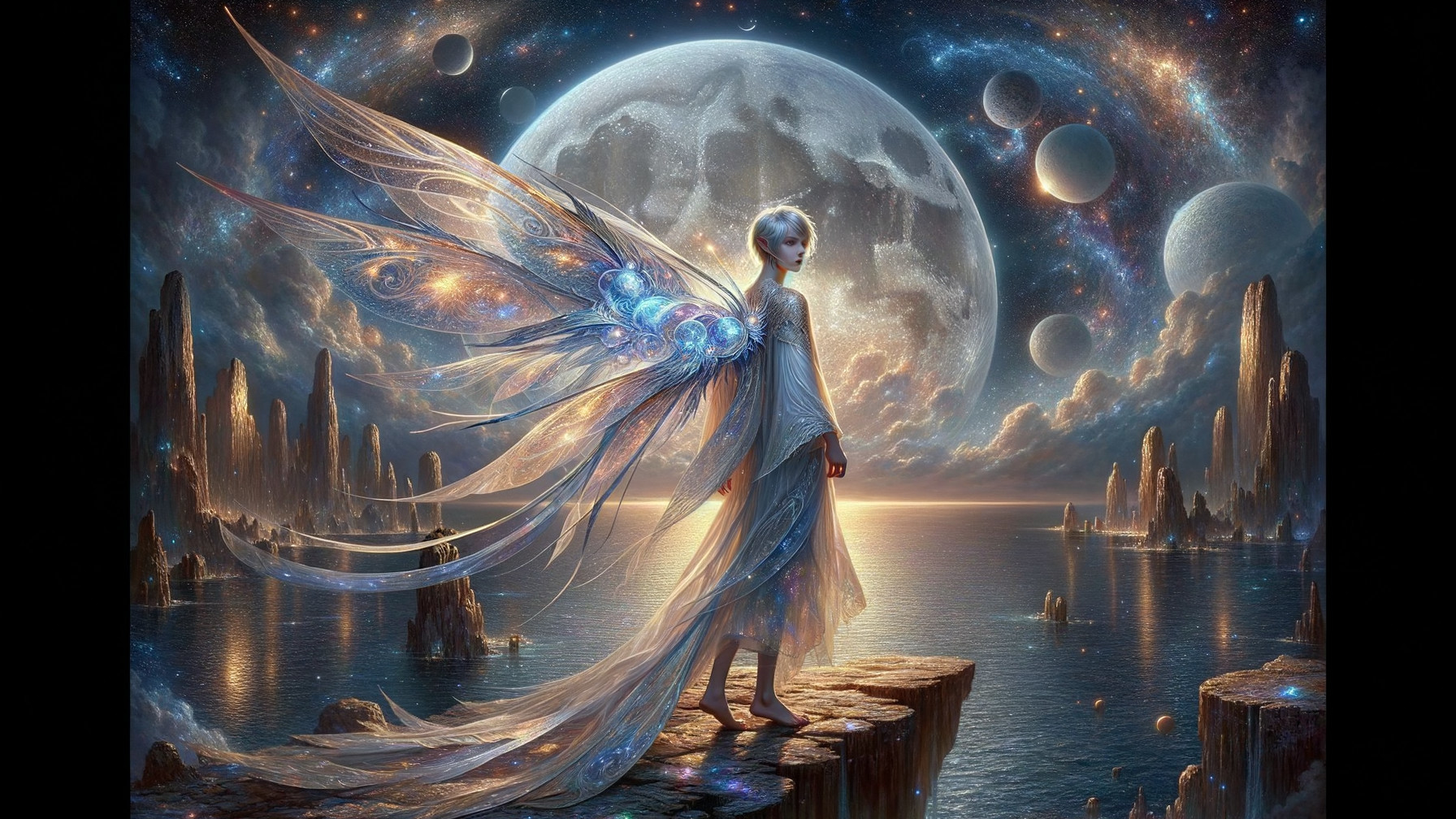 Mystical figure with wings overlooking a cosmic ocean